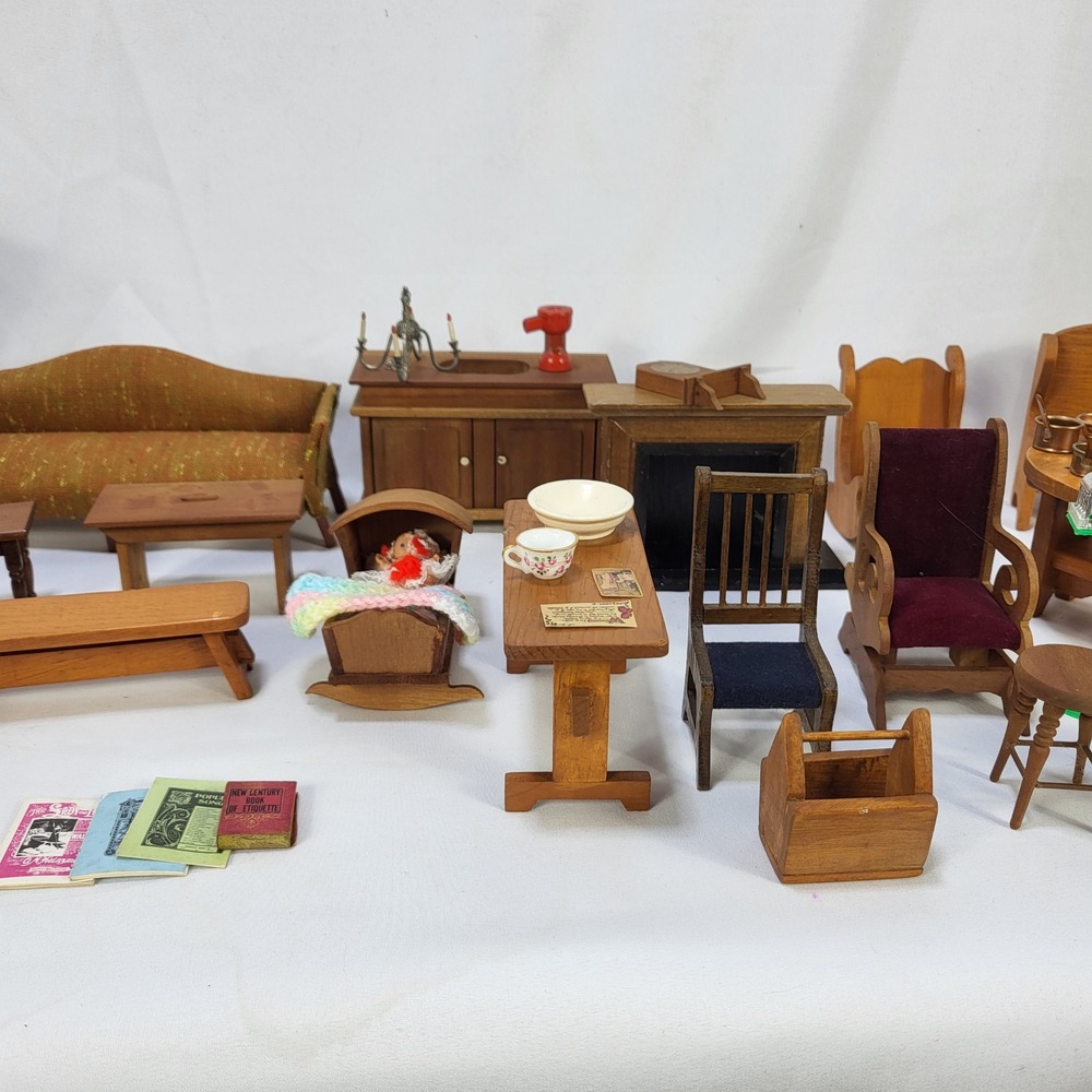 Large Lot VTG Dollhouse Furniture Wooden Miniature Sofa Chairs Fireplace Cradle - Picture 2 of 16